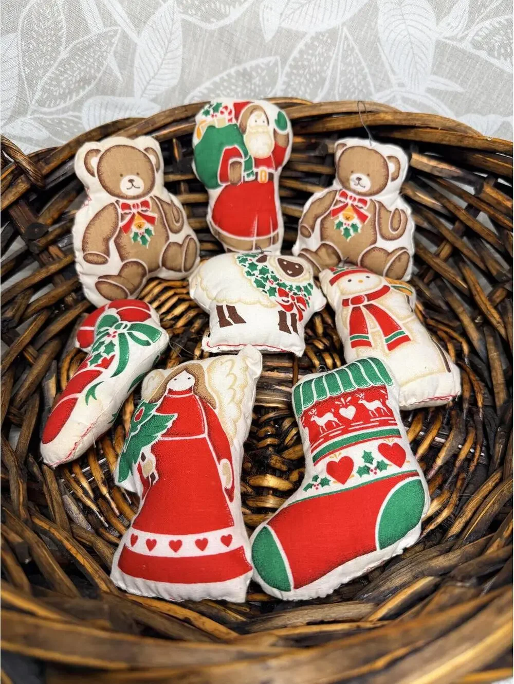 1970s Handmade Cloth Christmas Ornament Set of 8